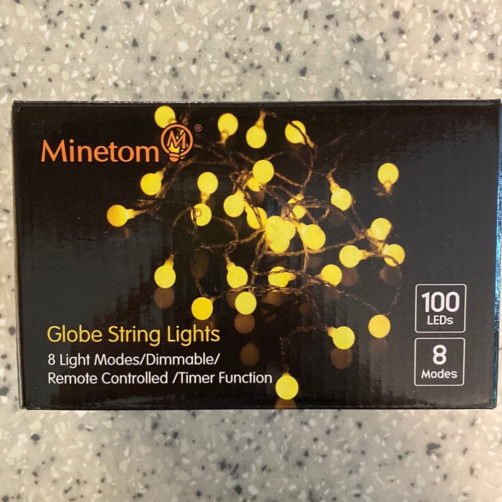 Globe string lights, brand new never used. Remote controlled, 8 light modes.
